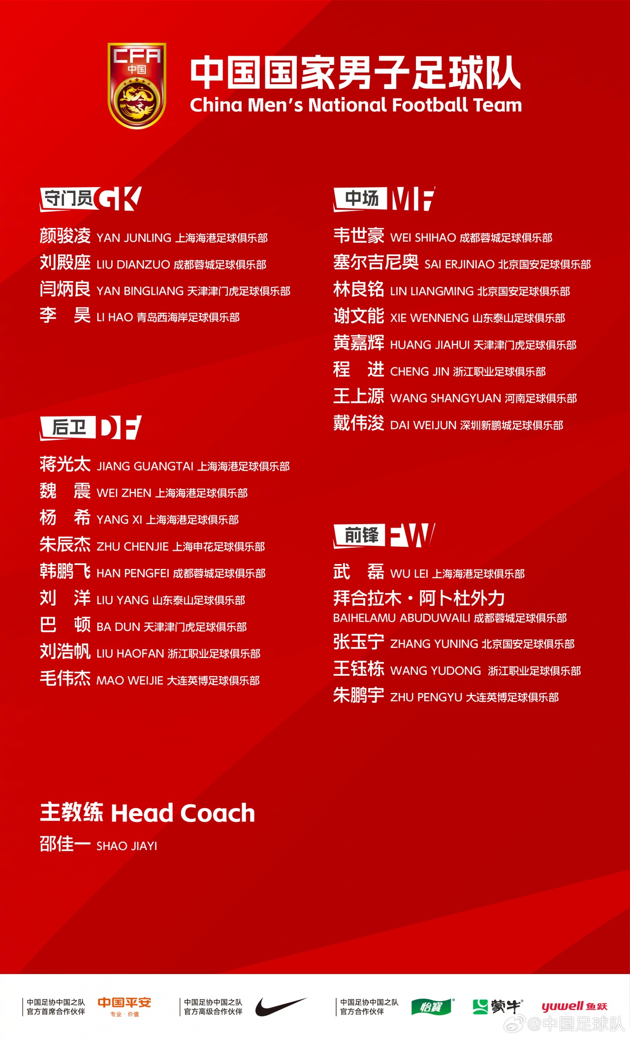 国足6月名单：李昊首入选！武磊、蒋光太、戴伟浚回归 王钰栋在列